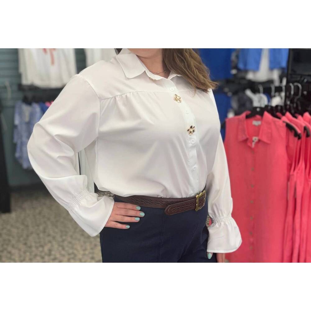 NEW ROSA CLOTHING flower metal charm button up loose blouse in white